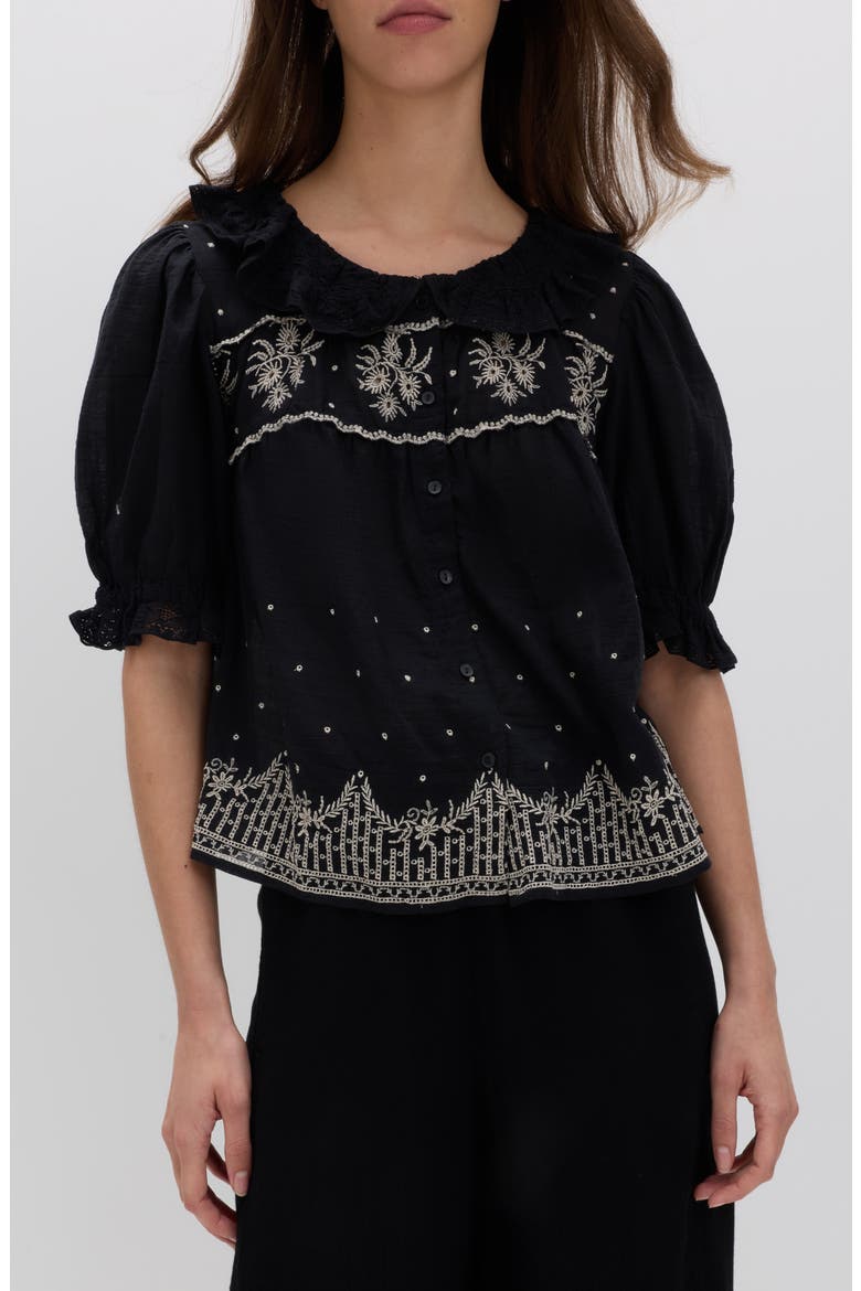 Embroidered Lace Collar Top, Main, color, BLACK/ MULTI