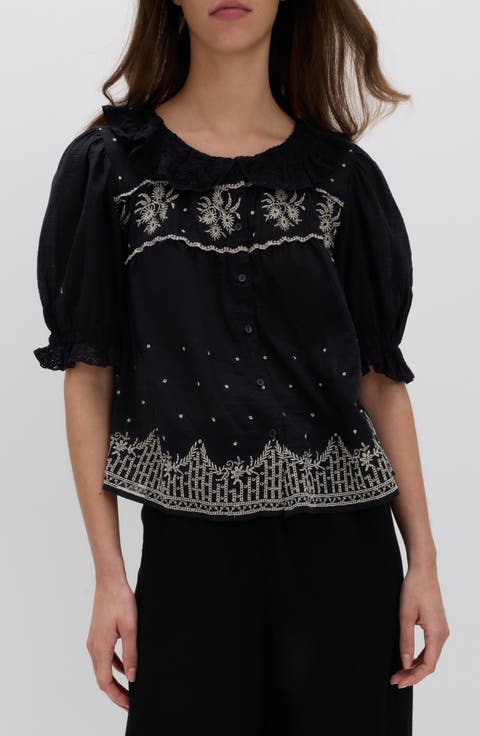 Embroidered Lace Collar Top