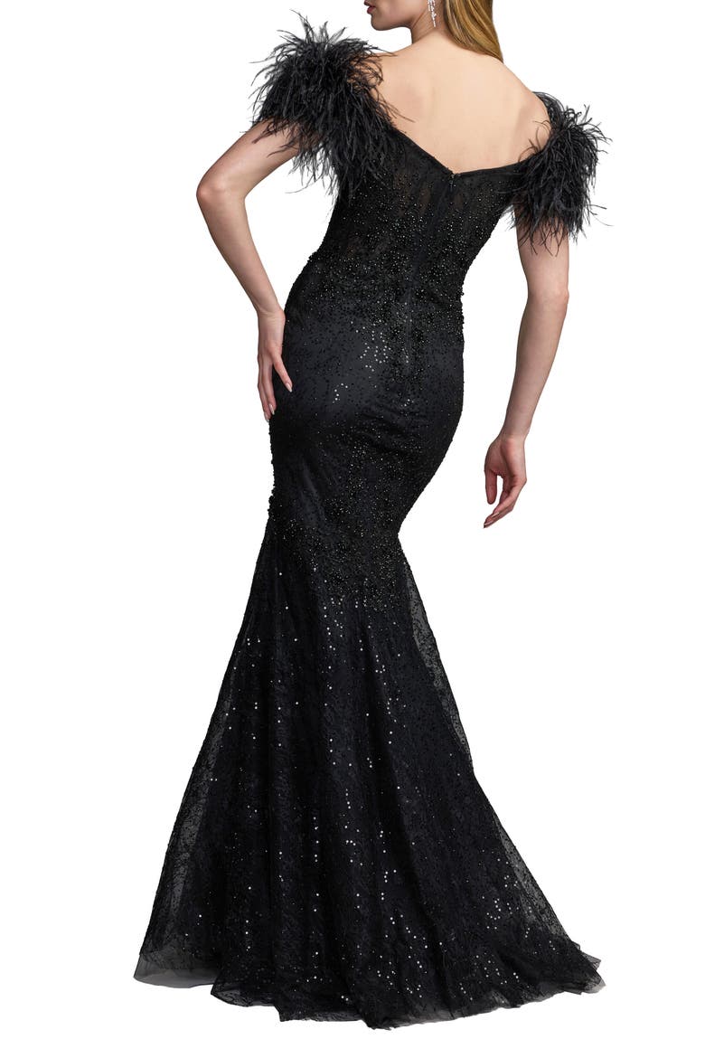 Beaded Lace Mermaid Gown With Feathers, Alternate, color, Black