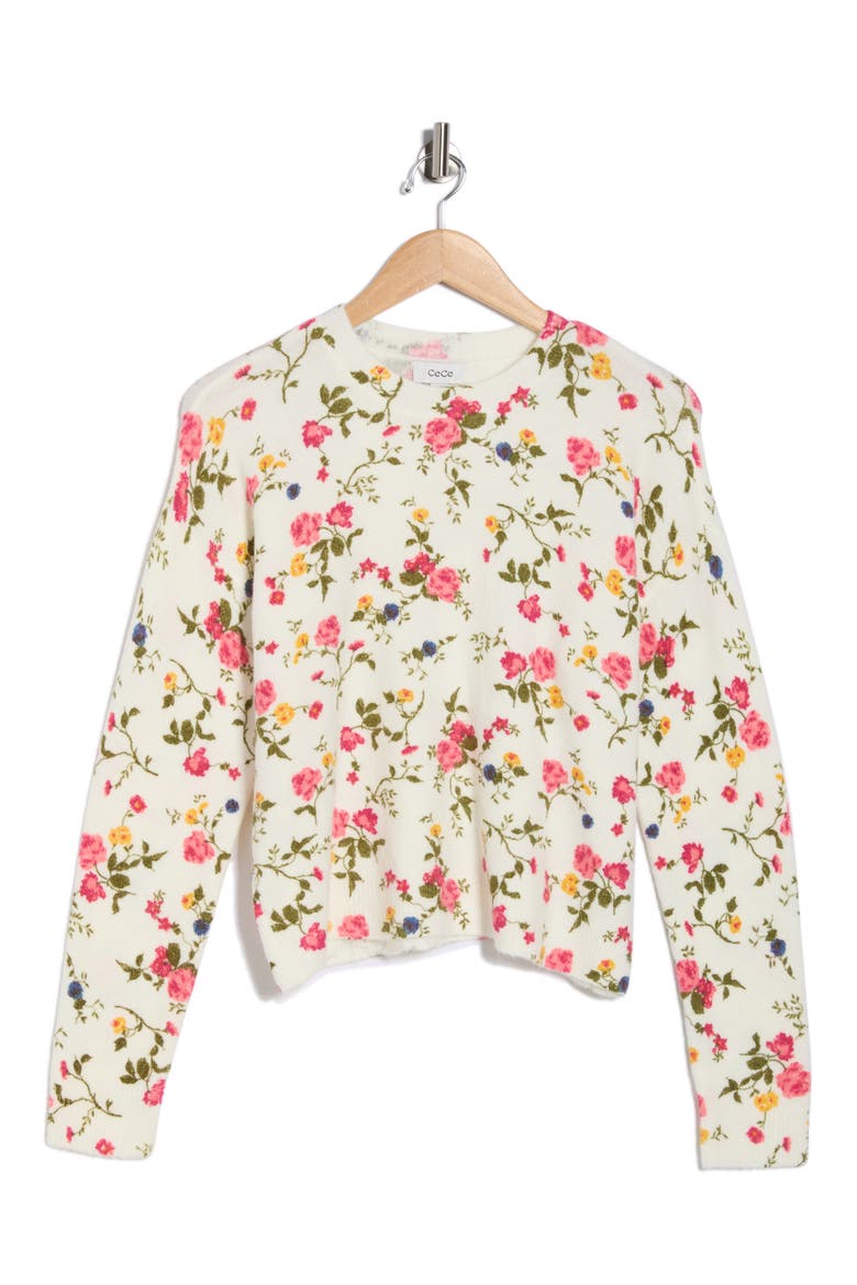 Floral Long Sleeve Crewneck Sweater, Alternate, color, ROSE FUCHSIA