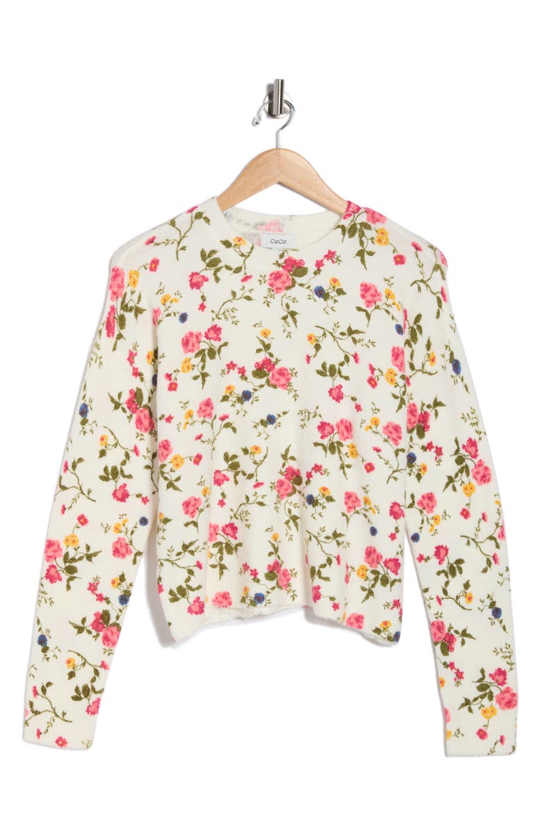 CeCe Floral Long Sleeve Crewneck Sweater, Alternate, color, Rose Fuchsia