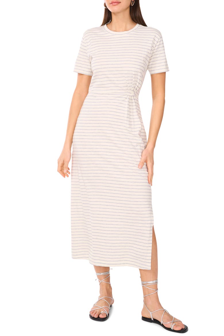 Stripe Pleated Side Cotton T-Shirt Dress, Main, color, LIGHT HEATHER GREY