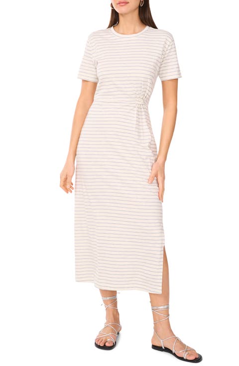 Stripe Pleated Side Cotton T-Shirt Dress