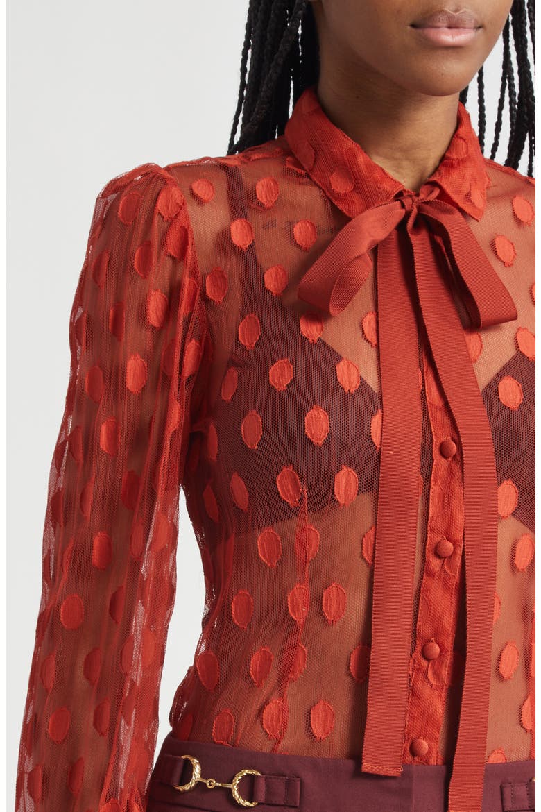 Soraya Dot Sheer Mesh Button-Up Shirt, Alternate, color, RUBY