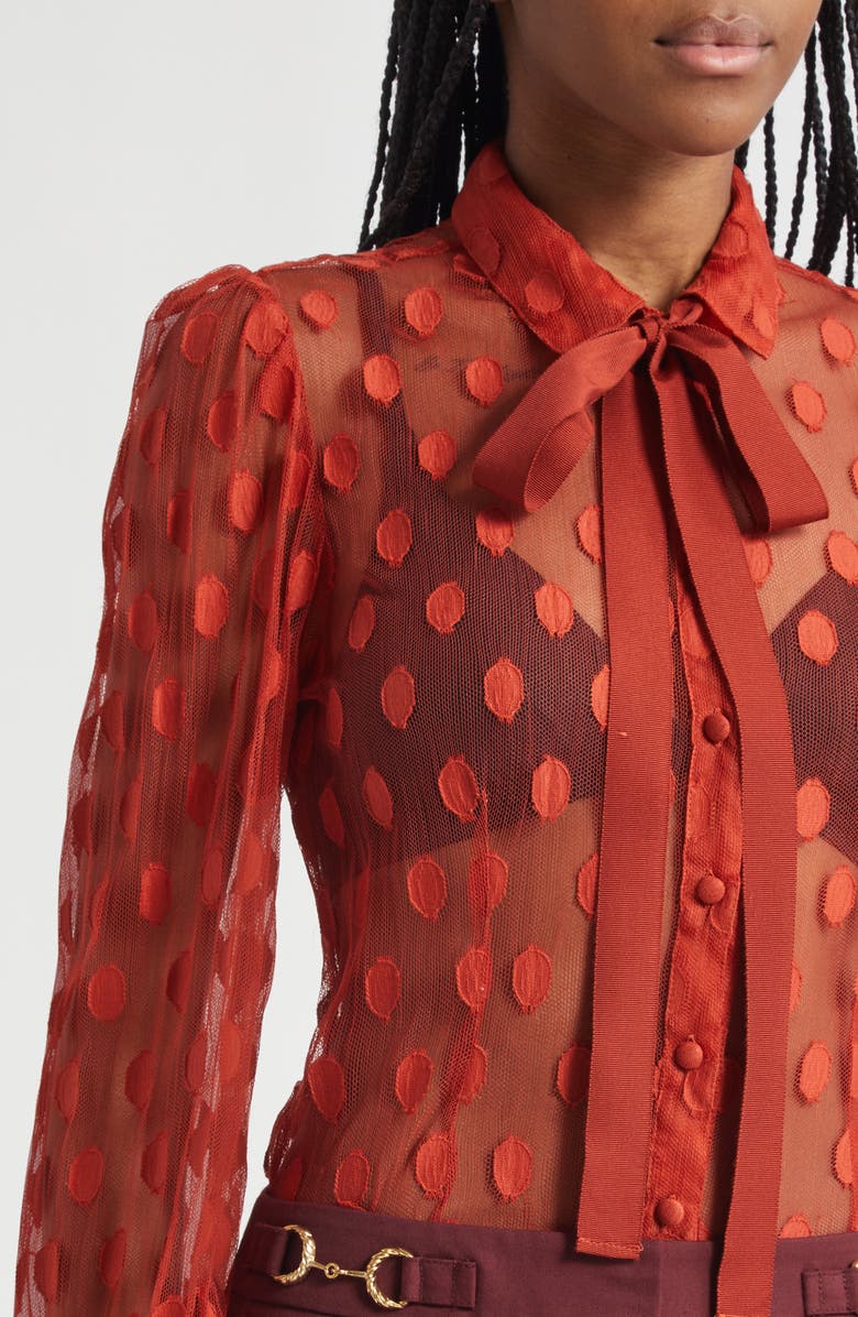 Ulla Johnson Soraya Dot Sheer Mesh Button-Up Shirt, Alternate, color, Ruby