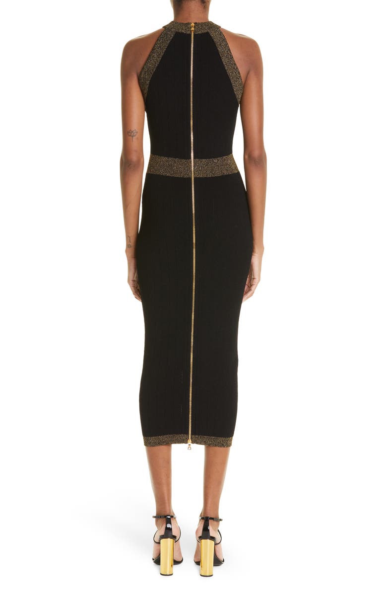 Balmain Golden Edge Rib Body-Con Midi Dress, Alternate, color, 