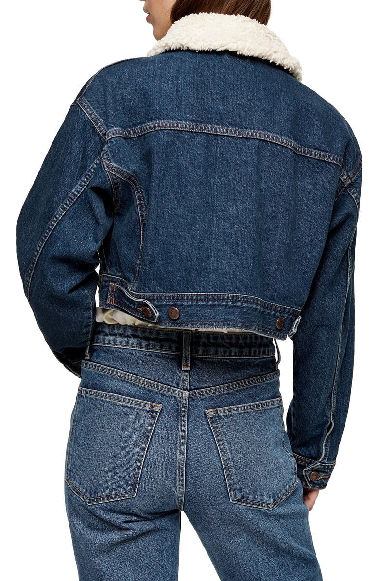 Topshop Crop Faux Shearling Collar Denim Jacket, Alternate, color, 