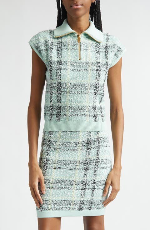 Tweed Zip Funnel Neck Sweater