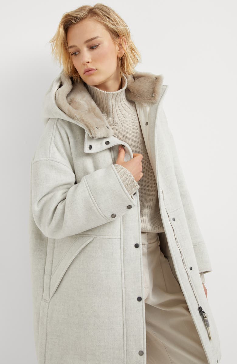 Brunello Cucinelli Virgin wool and cashmere double cloth down parka with detachable shearling insert and shiny zipper pull, Alternate, color, 