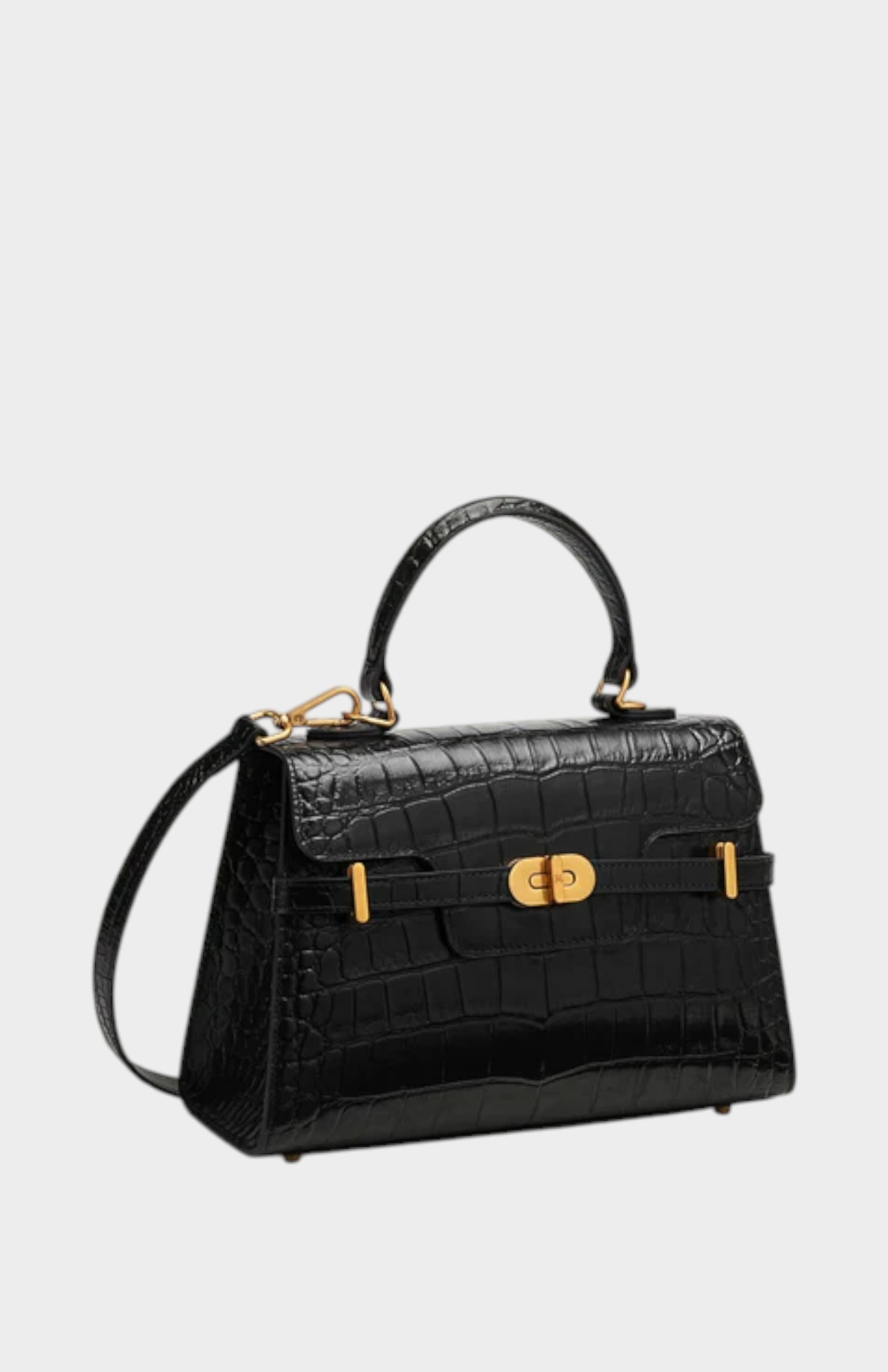 Kensington Croc Embossed Leather Top Handle Bag, Alternate, color, Black
