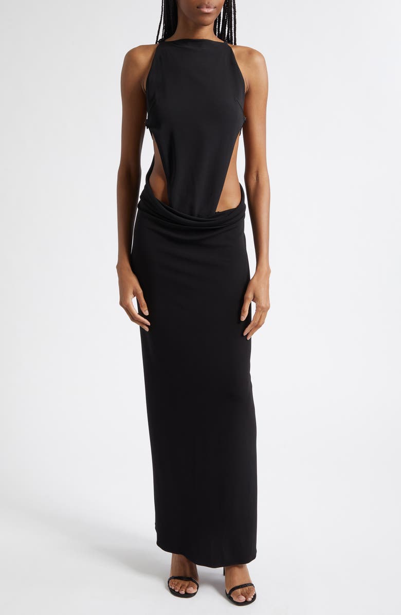 Courrèges Draped Wool Stretch Crepe Cutout Dress, Main, color, Black
