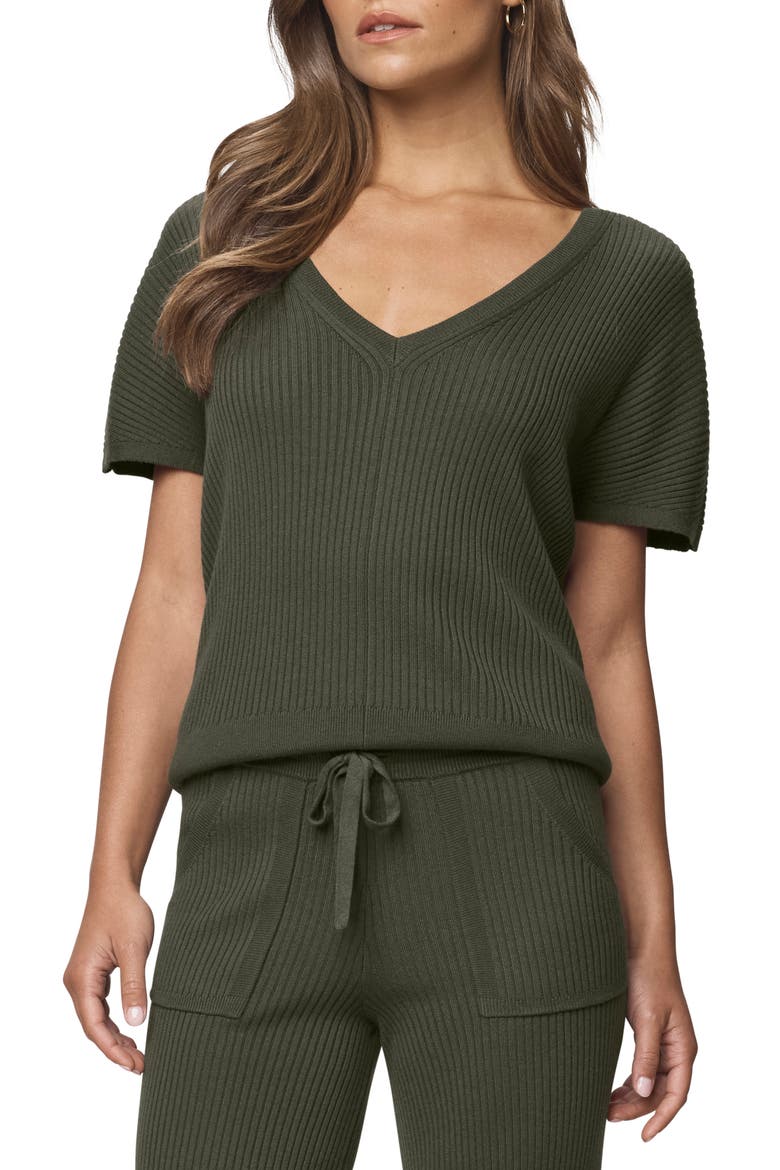 Georgie V-Neck Short Sleeve Rib Sweater, Main, color, GREEN SPRUCE