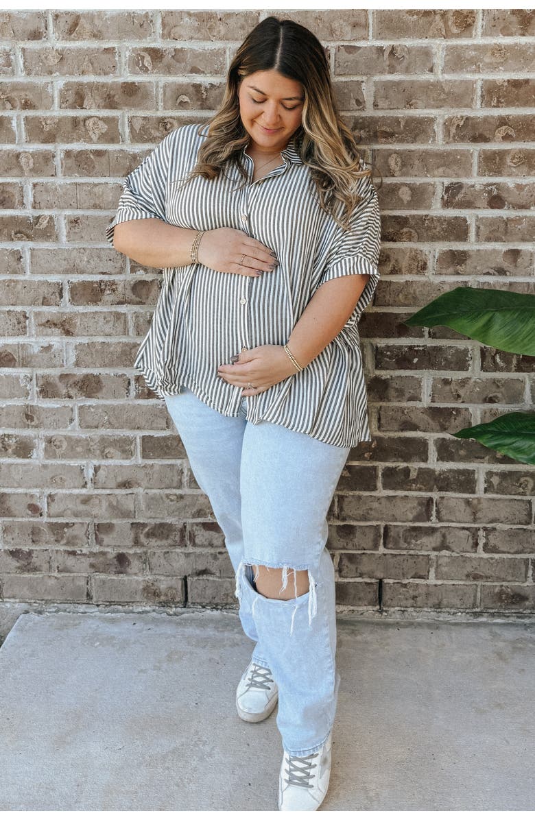 PinkBlush Striped Button Up Dolman Top, Alternate, color, Charcoal Grey