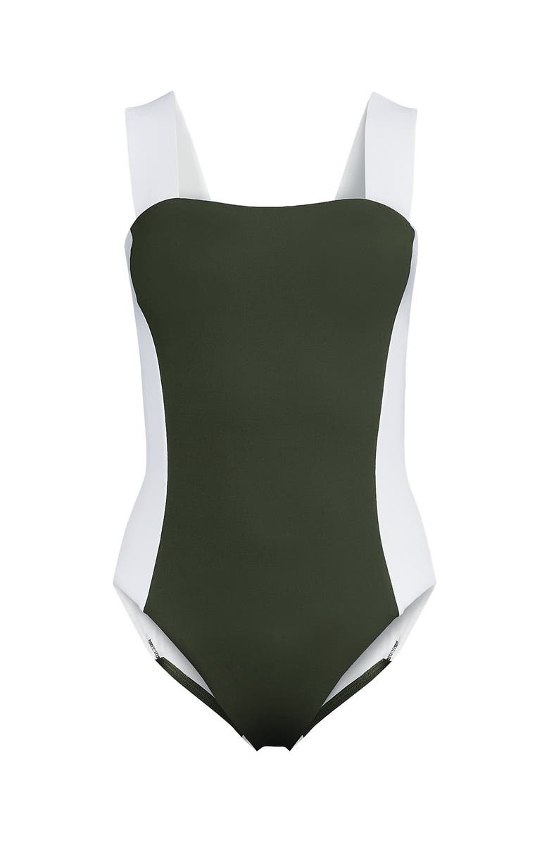 Lands' End Square Neck High Leg One Piece Swimsuit, Alternate, color, Rich Olive Green/White