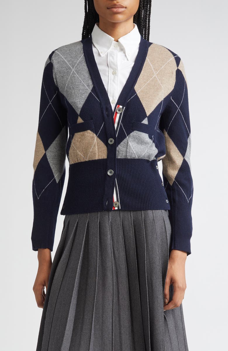 Thom Browne Argyle Cashmere Cardigan, Main, color, Navy