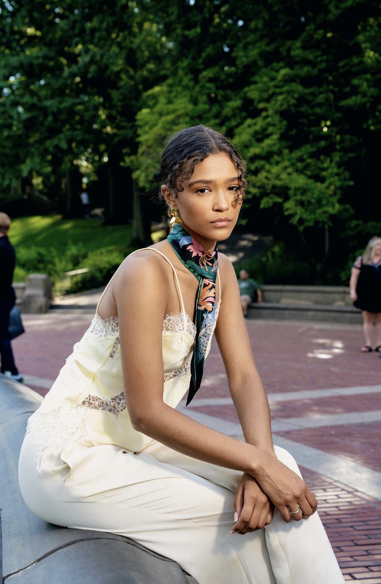 Jessie Zhao New York Silk Skinny Scarf Night Jungle Gathering, Alternate, color, Green