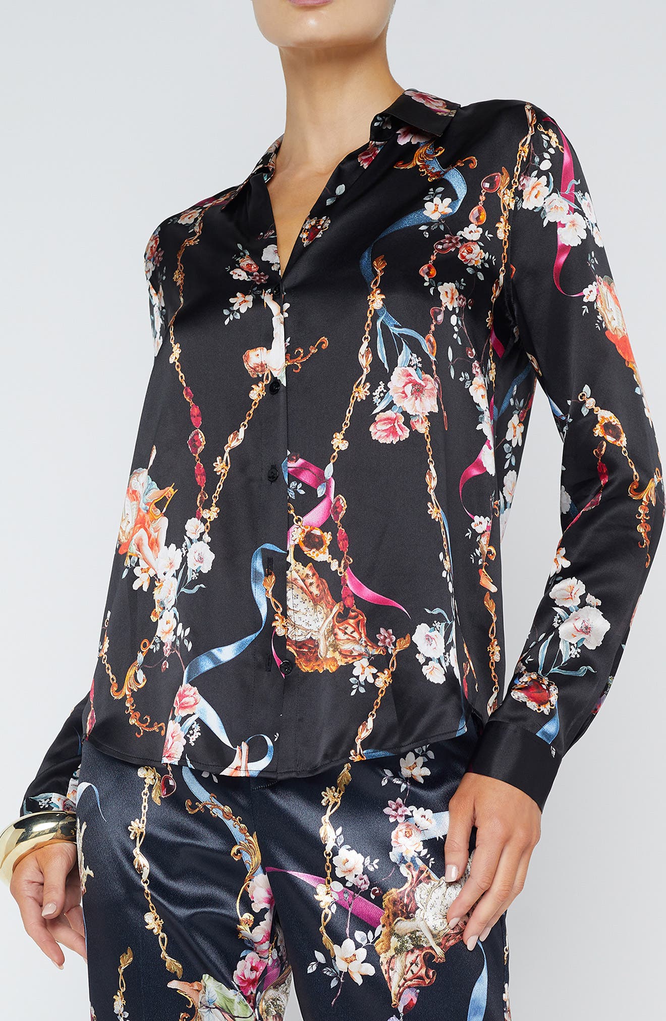 L'AGENCE Tyler Floral Print Long Sleeve Silk Shirt