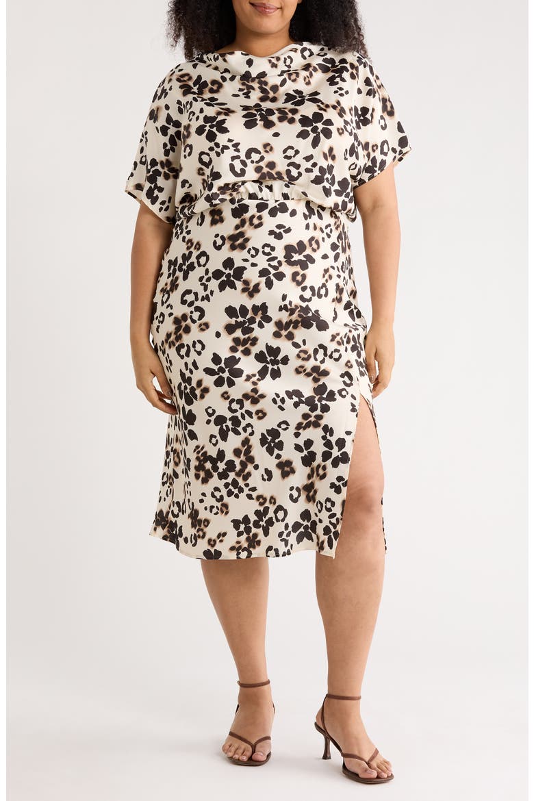 Floral Short Sleeve Satin Midi Dress, Main, color, BEIGE