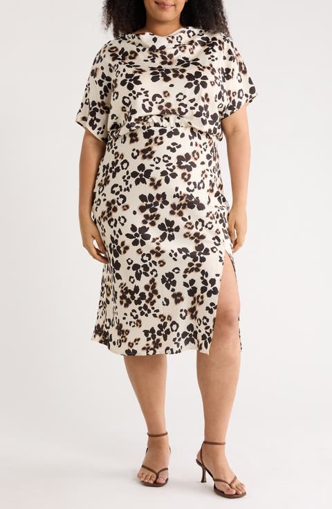 Floral Short Sleeve Satin Midi Dress (Plus)