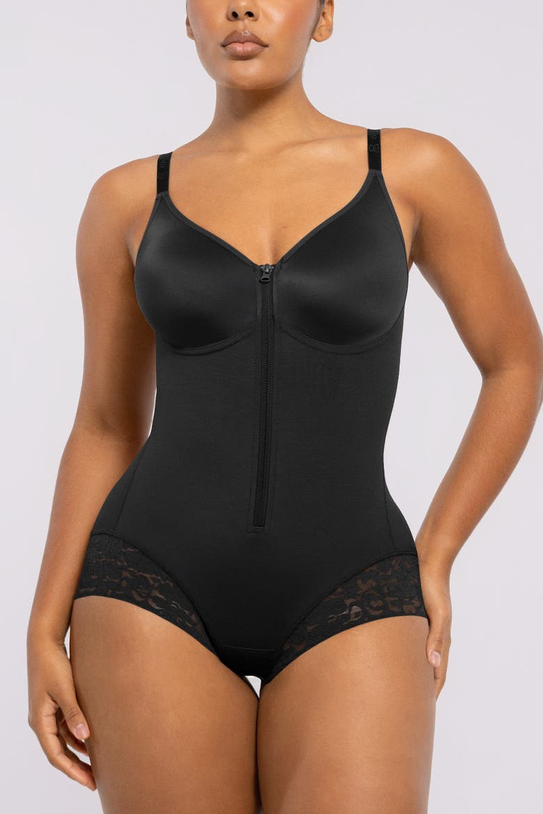 Tummy Control Zip-Up Brief Bodysuit, Main, color, Black