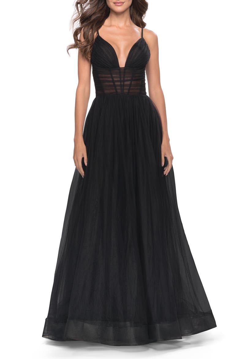 A-Line Tulle Gown with Illusion Bodice and Boning, Main, color, Black