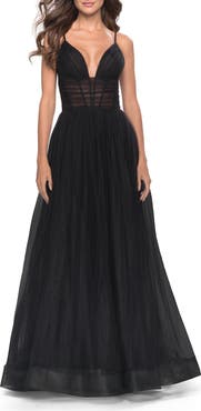 La Femme A-Line Tulle Gown with Illusion Bodice and Boning