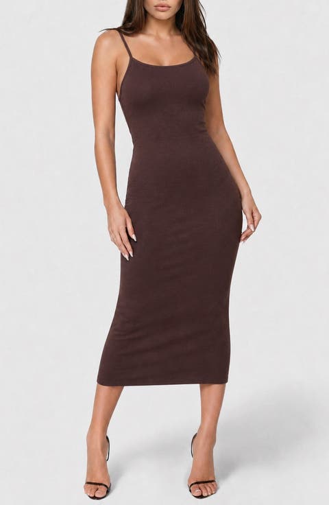 Square Neck Rib Knit Mid Dress