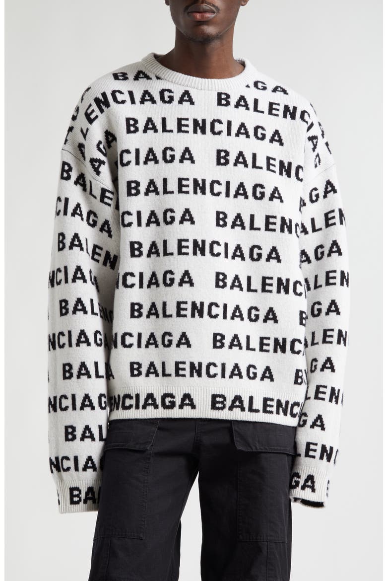 Allover Logo Wool Blend Crewneck Sweater, Main, color, WHITE/ BLACK