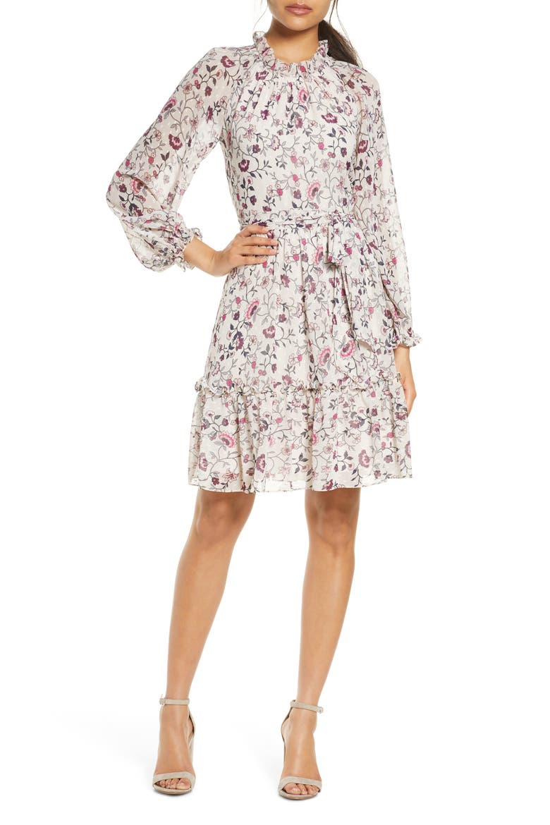 Floral Ruffle Long Sleeve Chiffon Dress, Main, color, IVORY