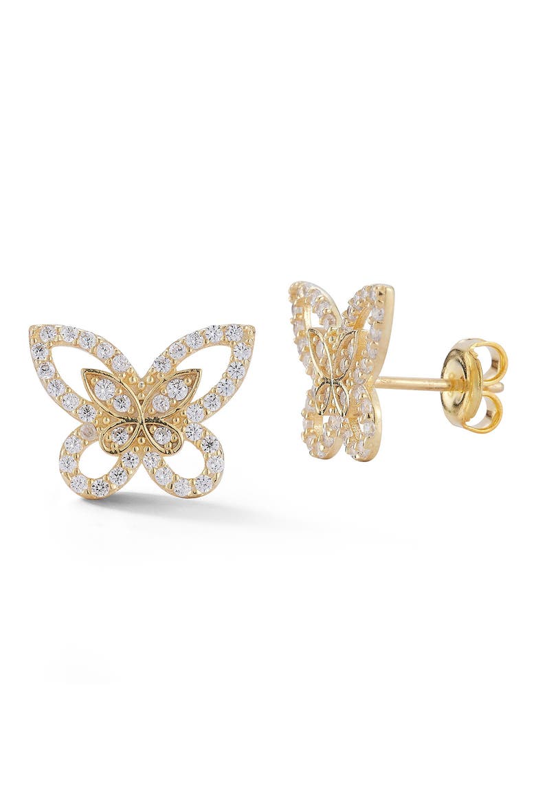 14K Gold Plated Sterling Silver CZ Butterfly Stud Earrings, Main, color, GOLD