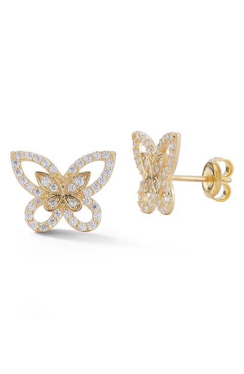 14K Gold Plated Sterling Silver CZ Butterfly Stud Earrings
