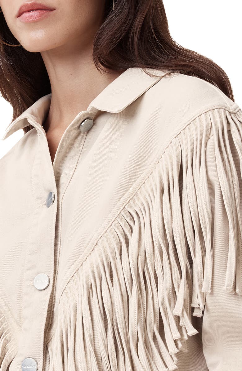 AllSaints Marlene Fringe Trim Denim Jacket, Alternate, color,