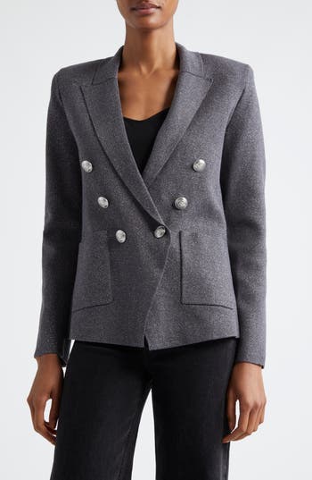 L'agence Kenzie Metallic Double Breasted Knit Blazer In Gray