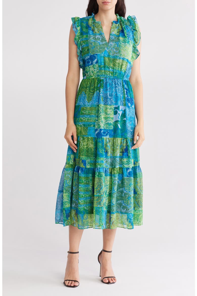 Ruffle Sleeveless Tiered Midi Dress, Main, color, BLUE/ GREEN