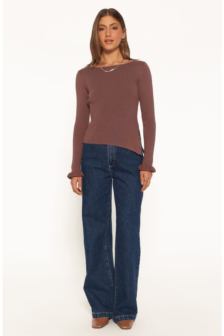Fiana Ruffle Cuff Rib Sweater, Alternate, color, BROWN