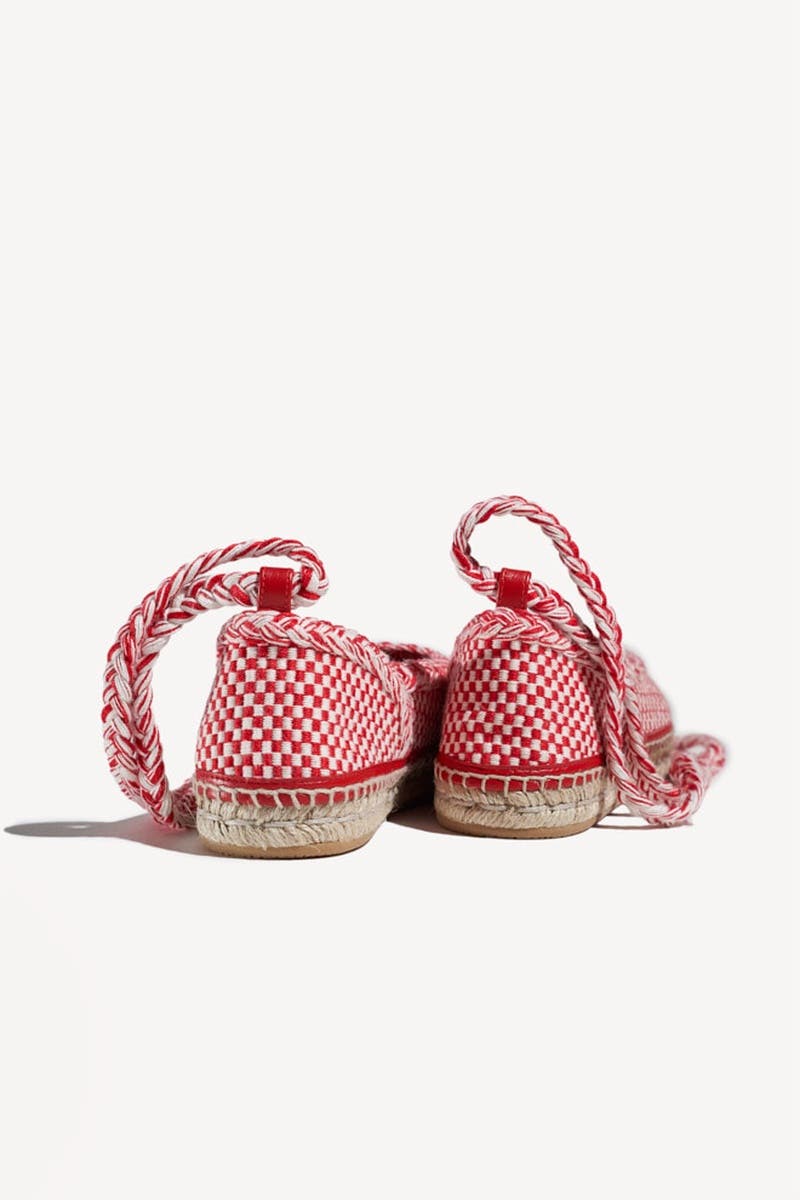 Magda Handwoven Espadrille Ballet Sleep-Ons Flat with Lace Up Ankle Tie, Alternate, color, Ivory Red