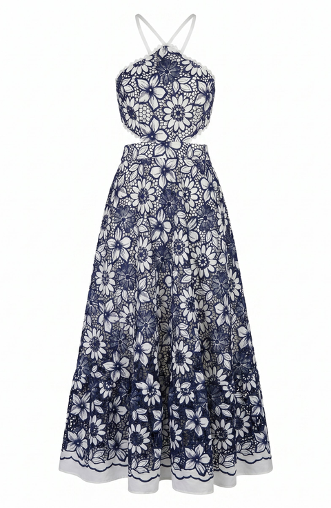 Halter Dress with Vintage Embroidery and Cutout Waist