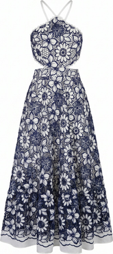 Modenaire Halter Dress with Vintage Embroidery and Cutout Waist