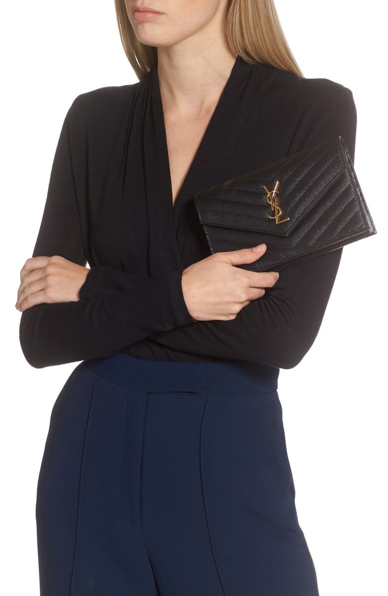 Saint Laurent Cassandre Matelassé Leather Envelope Wallet on a Chain, Alternate, color, 