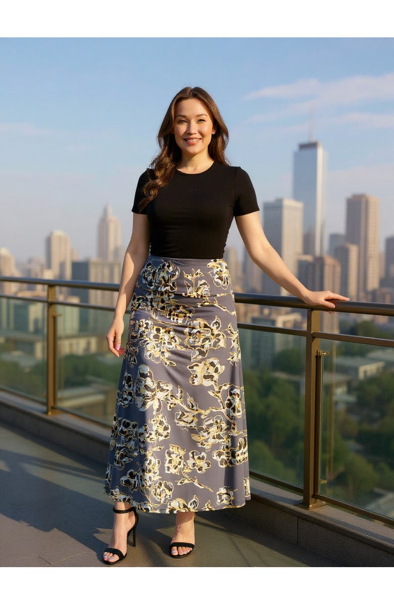 24seven Comfort Apparel Womens Floral Elastic Waist A-Line Maxi Skirt, Alternate, color, Grey Multi