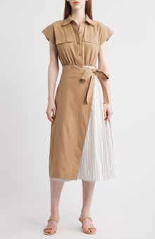 ZOE AND CLAIRE Mixed Media Tie Waist Midi Shirtdress