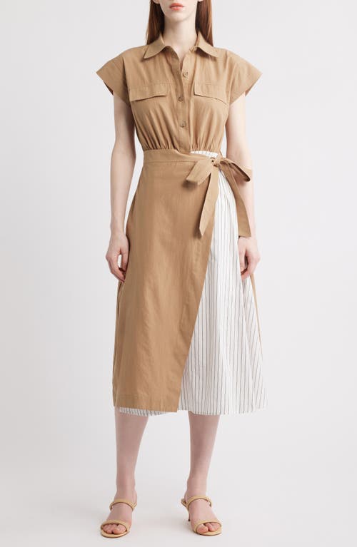 Zoe And Claire Mixed Media Tie Waist Midi Shirtdress