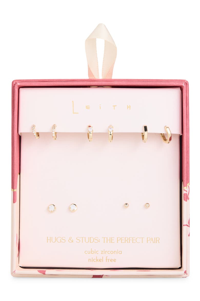 Set of 5 Cubic Zirconia Bezel Stud & Hoop Earrings, Main, color, CLEAR- GOLD
