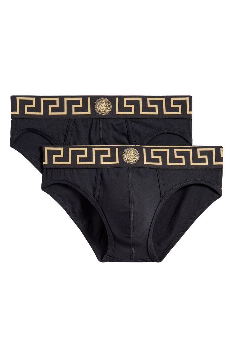 Versace 2-Pack Greca Border Stretch Cotton Briefs, Alternate, color, Black Gold Greek Key