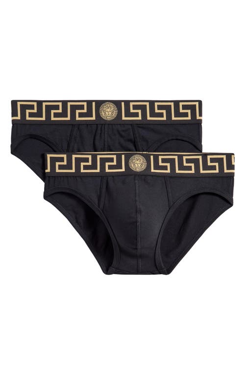 Versace Black Cotton Briefs Set Of Two With Greca Pattern In Black Gold Greek Key