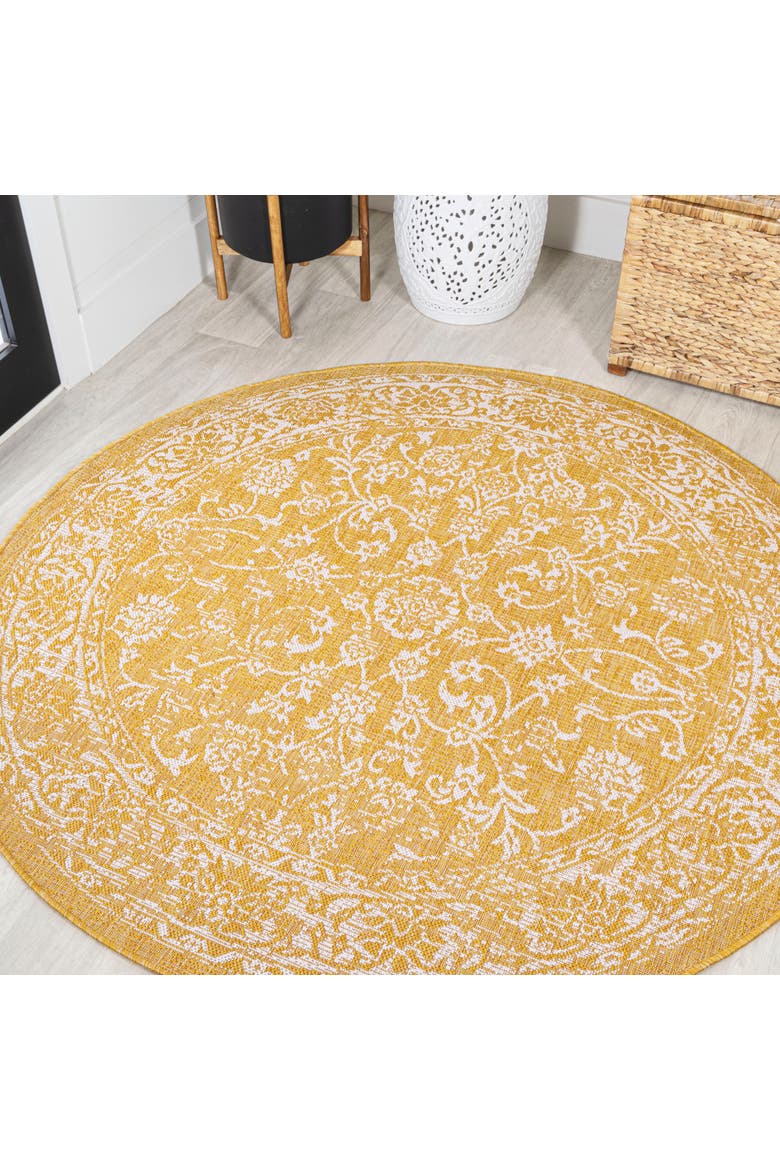 Tela Bohemian Textured Weave Floral Indoor/Outdoor Round Area Rug, Main, color, Yellow/Cream
