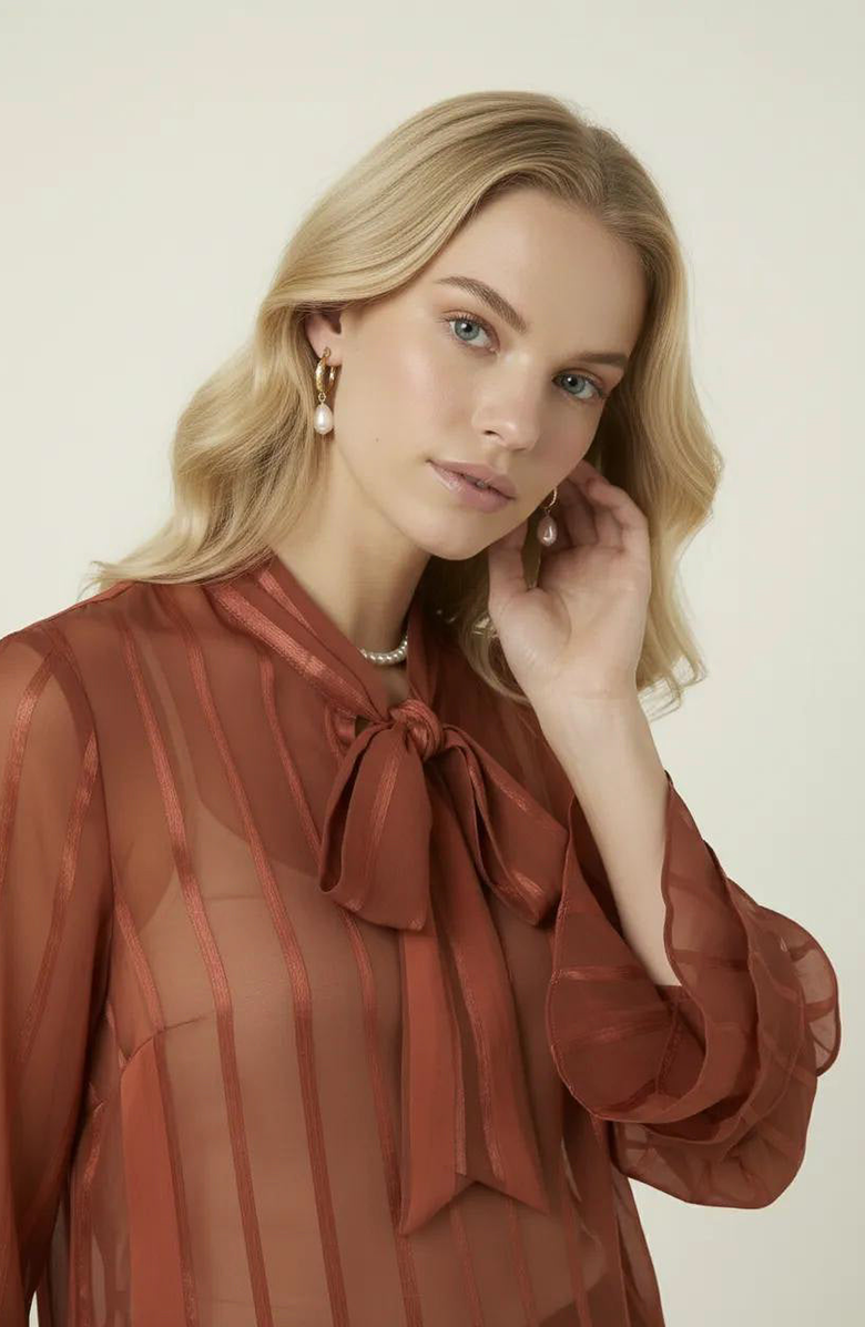 Modenaire Sheer Blouse with Tie Neck Detail and Bell Sleeves, Alternate, color, Burnt Orange