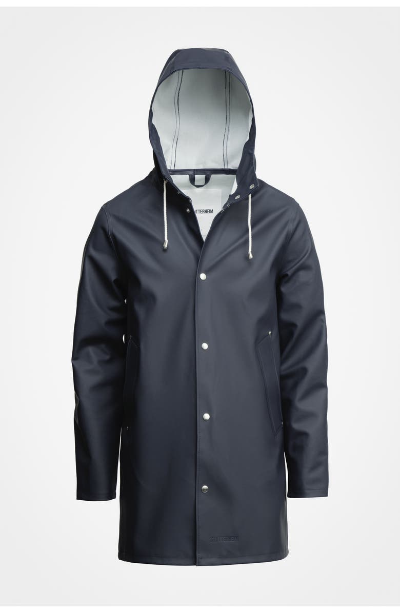 Stutterheim Stockholm Long Sleeve Hooded Raincoat, Alternate, color, Navy