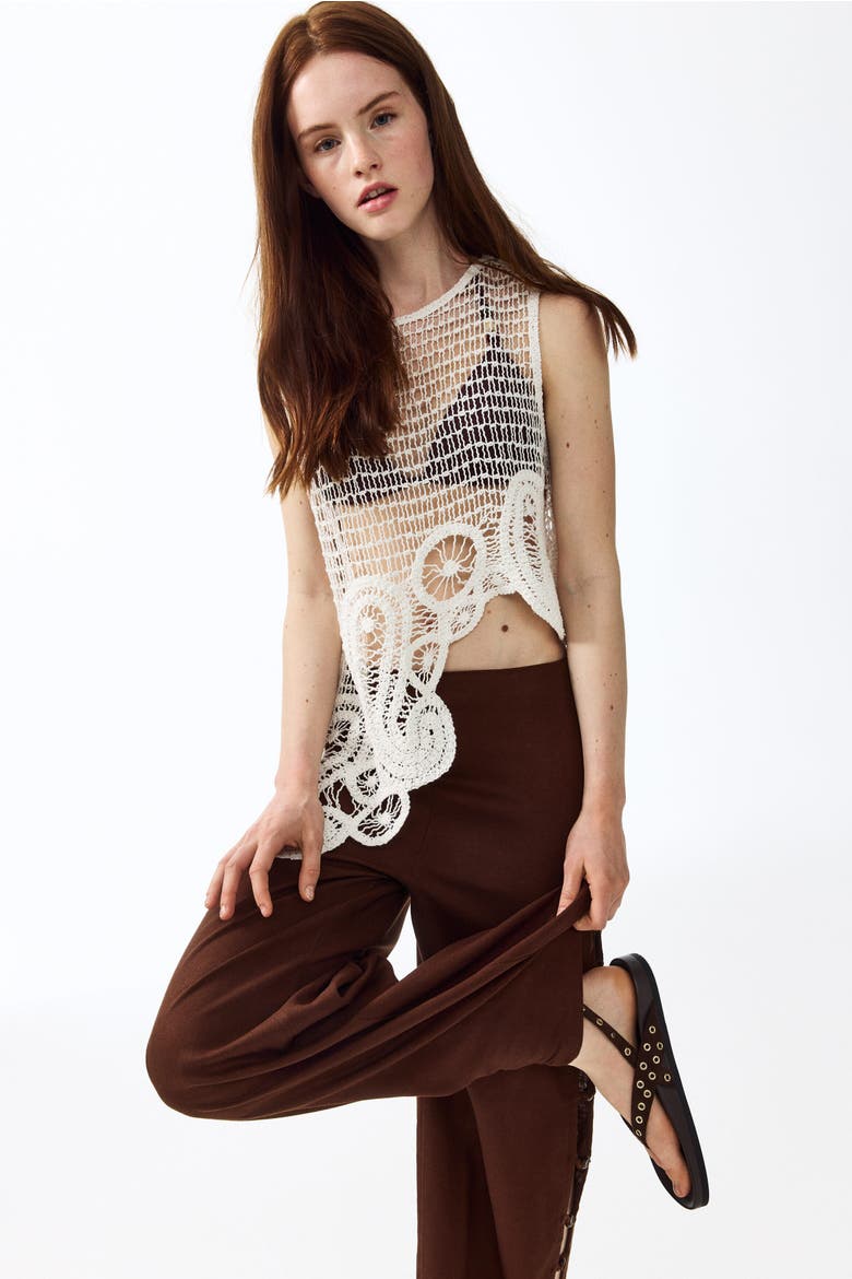Bead-detail Linen-blend Trousers, Alternate, color, Brown