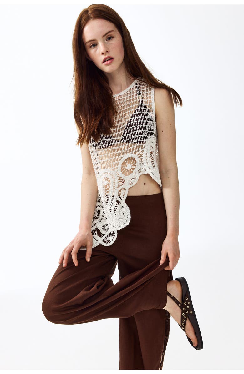 H&M Bead-detail Linen-blend Trousers, Alternate, color, Brown